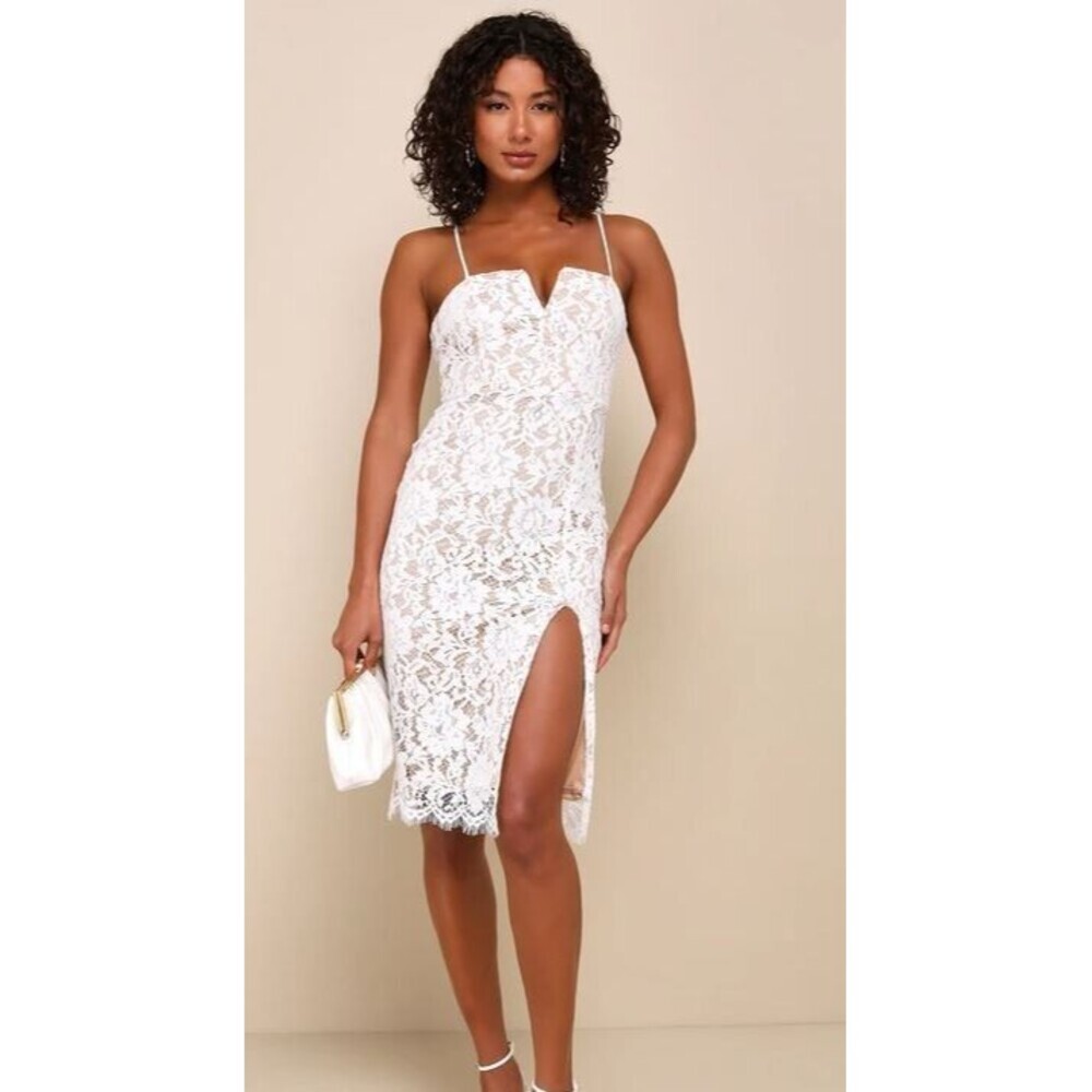Lulus Amazing Allure White Crochet Lace Bodycon Midi Dress Size Large 10/12